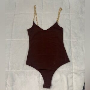 Forever 21 Chocolate Bodysuit with Gold Chain Straps